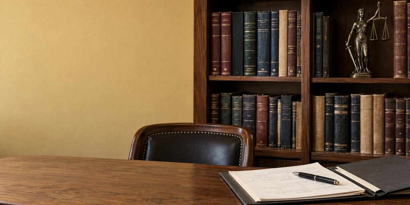 A wooden desk with an open folder on it, handwritten pages and a pen, a leather chair behind it, and a dark wood bookcase of old bound volumes with a small bronze figure of Justice holding scales and a sword on one shelf
