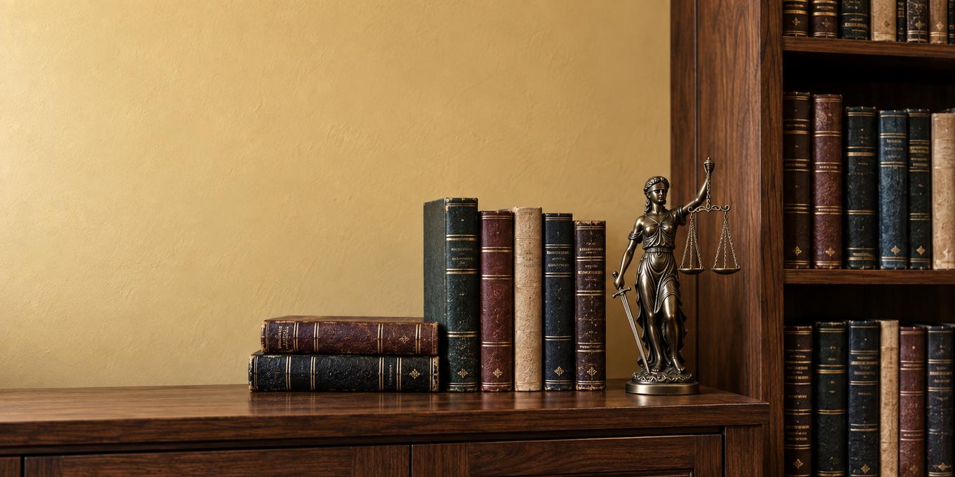 Old bound volumes standing and stacked on a polished wood cabinet, a small bronze figure of Justice holding scales and a sword beside them, and a filled bookcase to the right
