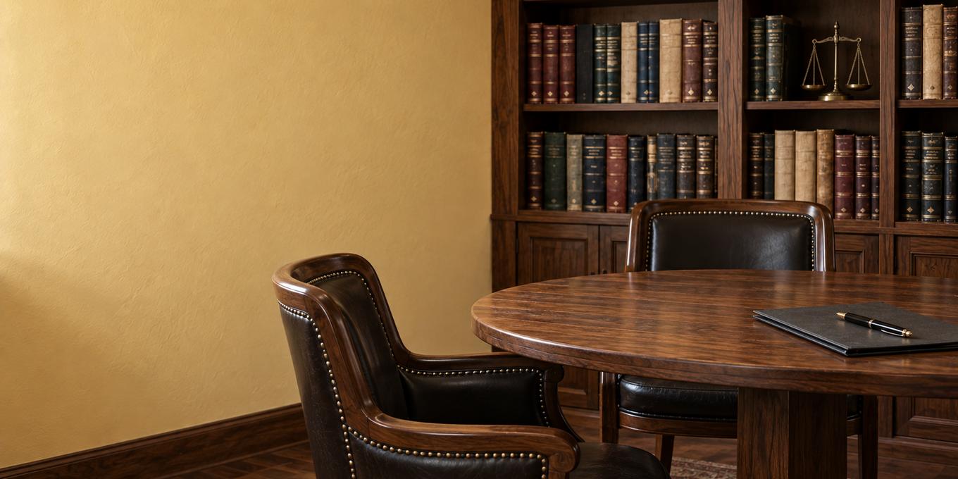 A round wooden meeting table with two studded leather armchairs drawn up to it, a closed folder and a pen on the table, and a bookcase of bound volumes behind with a pair of brass scales on one shelf